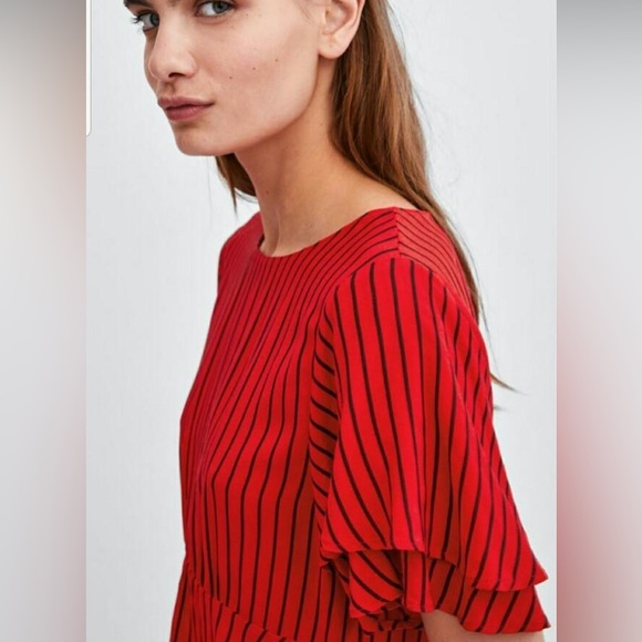 Zara Red and Black Striped Peplum Top with Flutter Sleeves Size Small - Picture 5 of 6